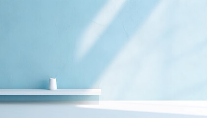 Simple, abstract light blue background, shadows on the wall for product presentation