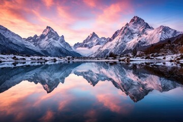 Snowy Mountains and Crystal Clear Lake at Sunrise