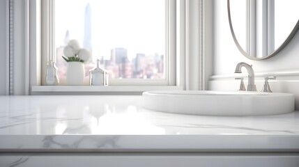 A clear, open tabletop for product display against a softly blurred white bathroom setting