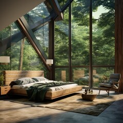 Fototapeta na wymiar Cozy Bedroom with a Scenic View