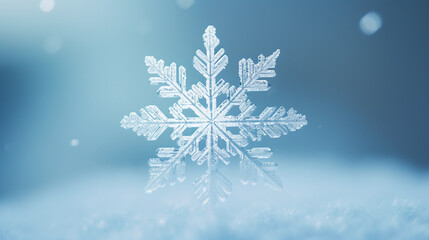 Exquisite snowflake crystals stand out in sharp relief against a soft-focus blue backdrop