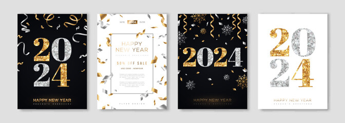 Merry Christmas and New Year posters set with gold and silver confetti, 2024 numbers. Vector illustration. Winter holiday invite, snowflakes and streamers. Minimal flyer, brochure voucher template.