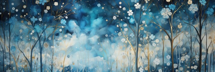  a mesmerizing artwork featuring alcohol ink shimmering snowflakes in shades of blue with intricate gold