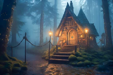 Deurstickers Sprookjesbos Baba yaga's hut in an enchanted forest