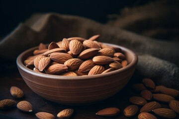 Artistic food photography showcasing the natural beauty and texture of raw almonds on a vintage wooden surface