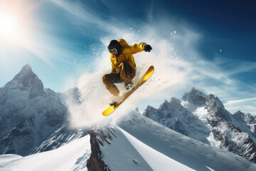 Snowboarder in Yellow Jacket Shredding the Mountain - obrazy, fototapety, plakaty