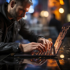 Close-up of hands working on a laptop keyboard: Shows activity and focus on the screen.