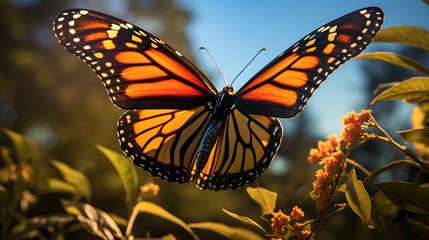 A beautiful butterfly perched on top of a vibrant yellow flower. Perfect for nature lovers and garden enthusiasts, A close-up of a delicate monarch butterfly in mid-flight symbolizing the awe-inspiri
