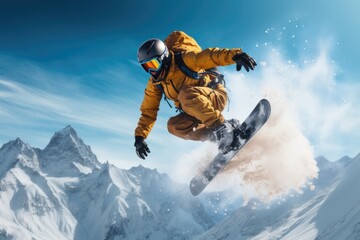 Snowboarder in Yellow Jacket Shredding the Mountain