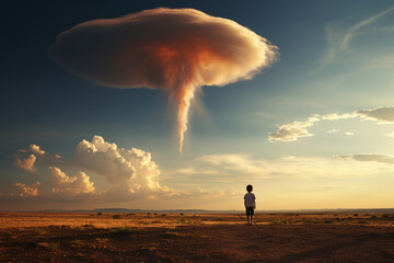 whimsical photo featuring a child pointing towards the sky, where a fluffy cloud takes the shape of a UFO, photo, minimalistic cinematic style