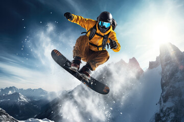 Snowboarder in Yellow Jacket Shredding the Mountain - obrazy, fototapety, plakaty