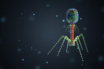 The concept of bacteriophages infecting bacteria. Microbiology, science, medicine, biology, medical and health care concepts. 3D rendering, 3D illustration, copy space.