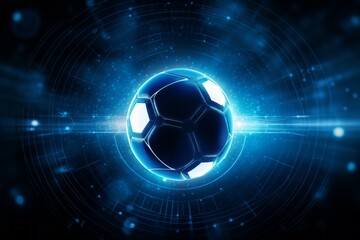 Fototapeta premium Artistic glowing blue championship soccer ball or football on a blue background with copy space in a conceptual image