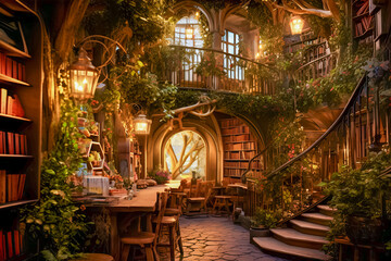 Fototapeta premium Beautiful magical bookstore or library