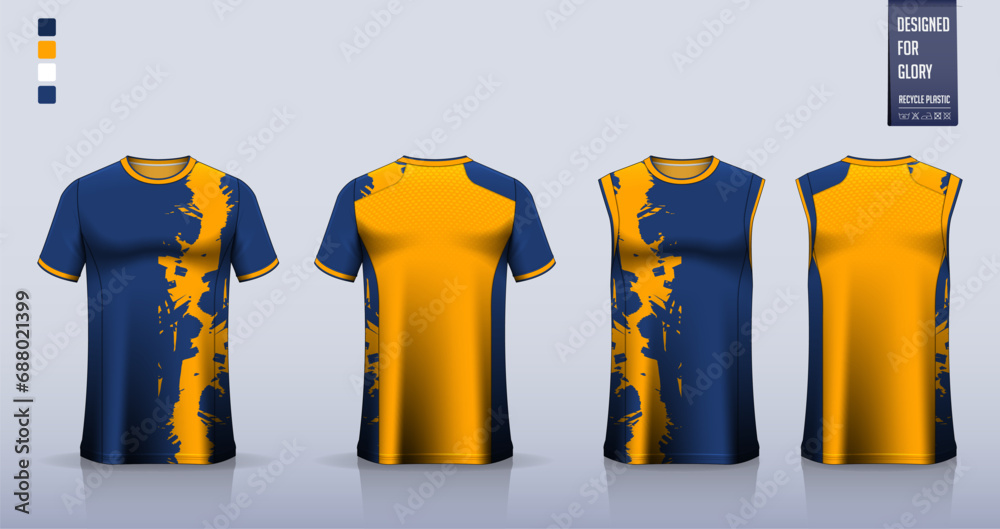 Wall mural Blue T-shirt sport, Soccer jersey, football kit, basketball uniform, tank top, and running singlet mockup. Fabric pattern design. 