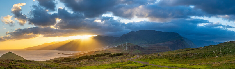 Sunset On Ponta de Sao Lourenco Madeira Portugal. Scenic mountain view of green landscape, cliffs and Atlantic Ocean. Travel background