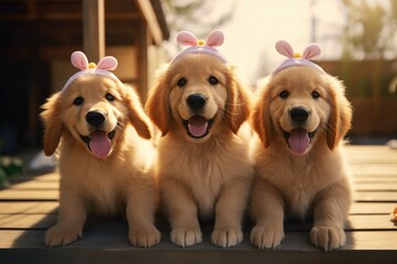 Adorable Golden Retriever Puppies During Easter with Bunny Ears