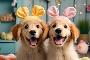Adorable Golden Retriever Puppies During Easter with Bunny Ears