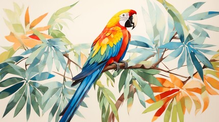 a colorful and whimsical depiction of a macaw, its playful and intelligent eyes portrayed in vibrant colors on a pristine white background, reflecting the lively personality of these tropical birds.