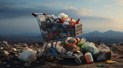 A supermarket cart overflowing with household trash, crumpled plastic bottles, torn packaging, broken bottles, and food waste - obrazy, fototapety, plakaty