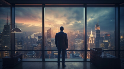 Fototapeta na wymiar A suited man, sure of himself, stands in his modern office. Next to him, a window offers a view of a sprawling metropolis. back view