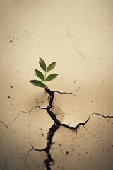 Plant growing from a crack in dry soil. Global warming