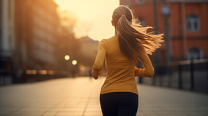 candid pretty young woman in a sport wear running outdoor, back view