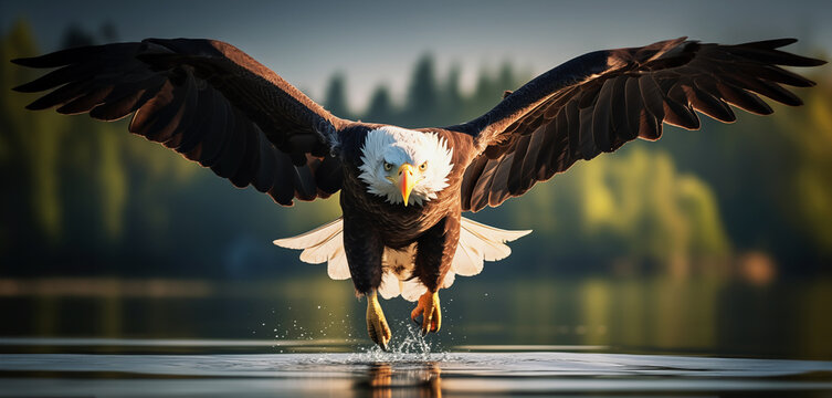 Close up of a bald eagle flying over the water surface of a lake