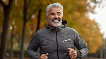 candid smiling 60 y.o. man in a sport wear jogging outdoor