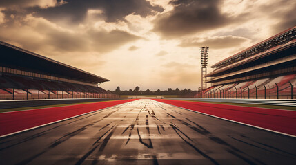 Racing track in motion, with a grandstand in the background