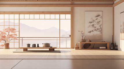 japanese traditional living interior, watercolor illustration