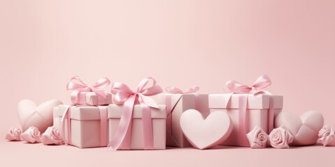 A metallic heart with an array of pink gifts, all against a soft pink background.