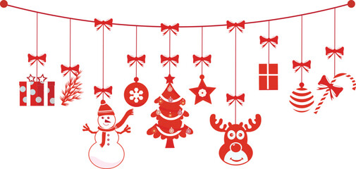Abstract Christmas decorations hanging in red and white in the form of gifts, balls, pine trees, sticks, star shapes, snowmen, horned deer heads, gifts and leaves from pine trees