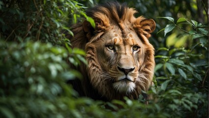 close up portrait of a lion in the deep jungle photo