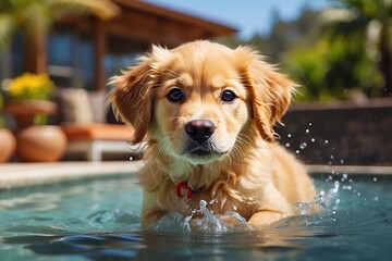 A cute puppy retriever dog swimming in a pool, macro photo, summer, fun pet

