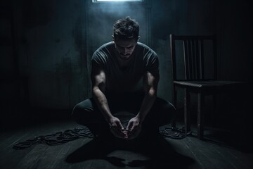 Man Fighting Depression in Dark Room