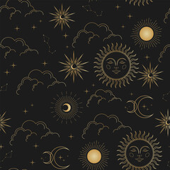 Vector magic seamless pattern with constellations, sun, moon, magic eyes, clouds and stars. Mystical esoteric background for design of fabric, packaging, phone case and your design. Vector EPS 10