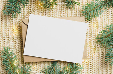 Fototapeta na wymiar Christmas or New Year greeting card mockup with envelope, blank mock up with copy space