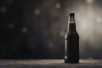 Blank bottle of dark beer on wooden table with dark background and copy space - obrazy, fototapety, plakaty