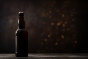 Blank bottle of dark beer on wooden table with dark background and copy space