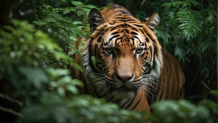 close up portrait of a tiger in a deep jungle photo