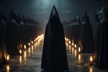 Secret society ceremony, people in hoods praying together. Members of sect perform the ritual in dark hall. Dark Religion and magical Occultism - obrazy, fototapety, plakaty