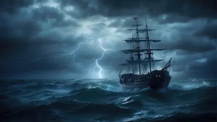 Deurstickers pirate ghost ship in the ocean at night in the storm © ahmudz