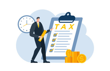 tax with businessman flat illustration blue and yellow