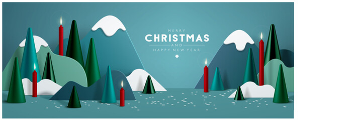 3D looking Christmas background with paper cutout mountains, cone trees and burning candles. 