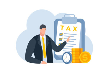 tax with businessman flat illustration blue and yellow