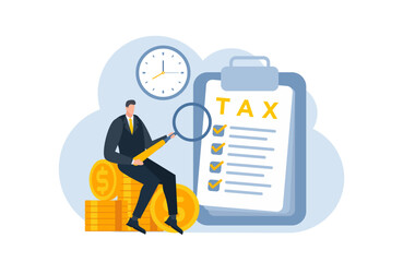 tax with businessman flat illustration blue and yellow