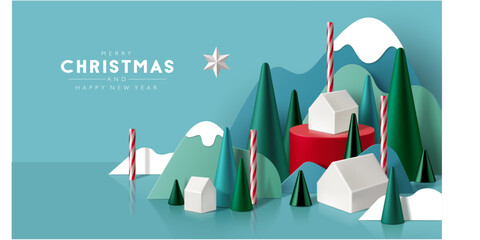 3D looking Christmas background with paper cutout mountains, cone trees, candy canes and porcelain houses.