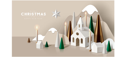 3D looking Christmas background with paper cutout mountains, cone trees, burning candles and porcelain houses.