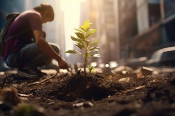 person planting a tree in the middle of a city - obrazy, fototapety, plakaty